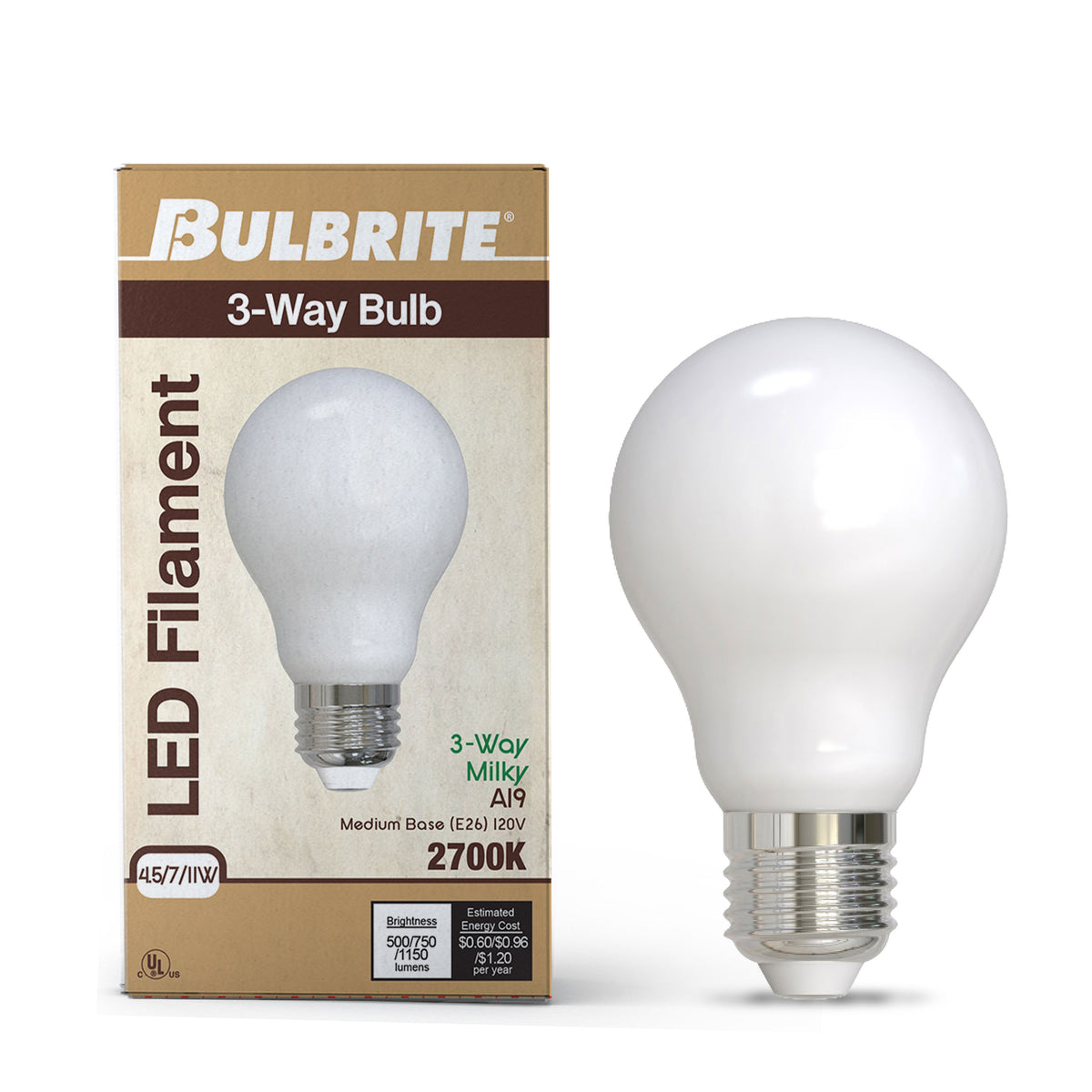 Bulbrite A19 LED Light Bulb, 11W, 75W Equivalent, 2700K, E26 Base, White Finish, 2-Pack, Milky Finish