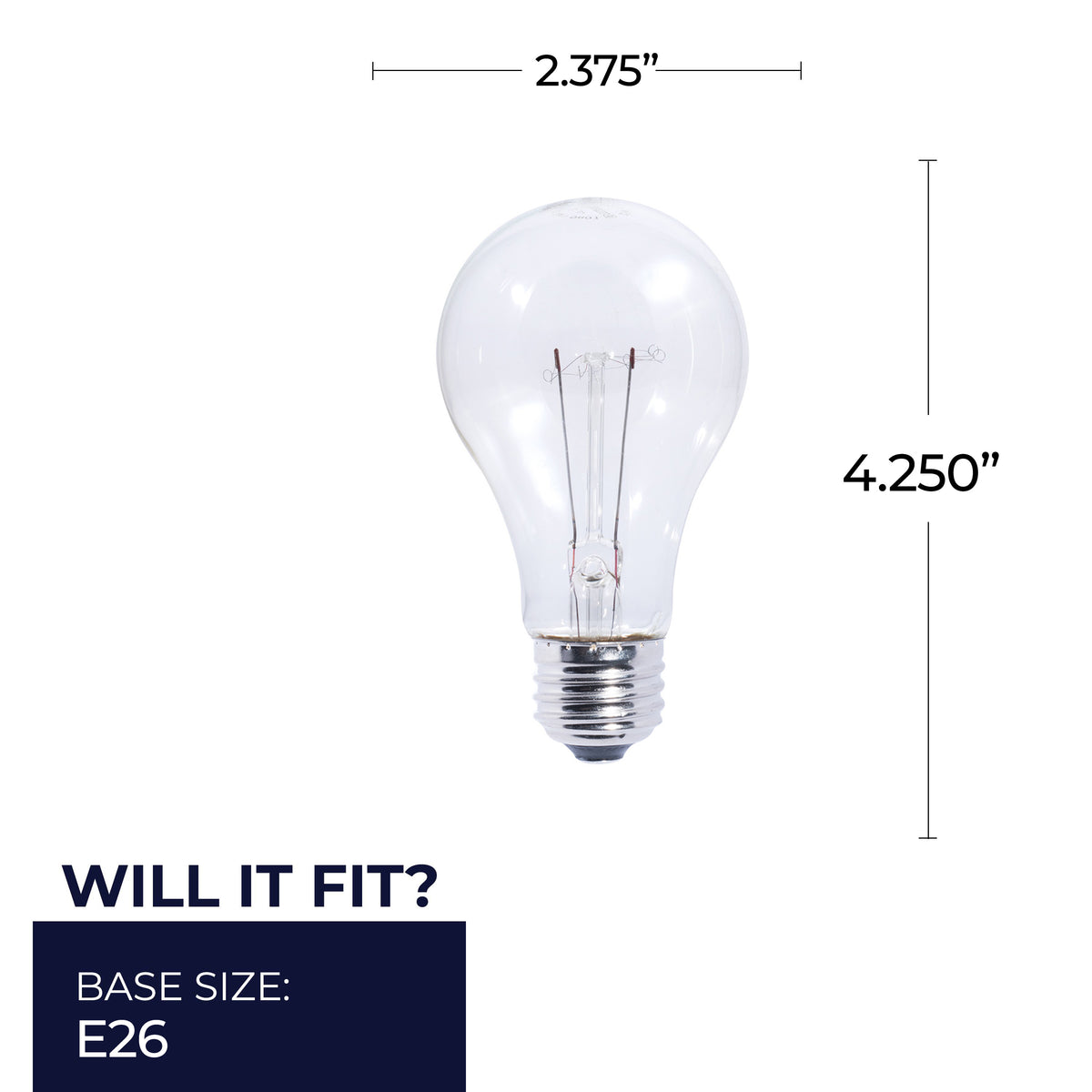 Bulbrite A19 Incandescent Light Bulb, 25W, 2700K, E26 Base, Clear Finish, Dimmable, 50-Pack