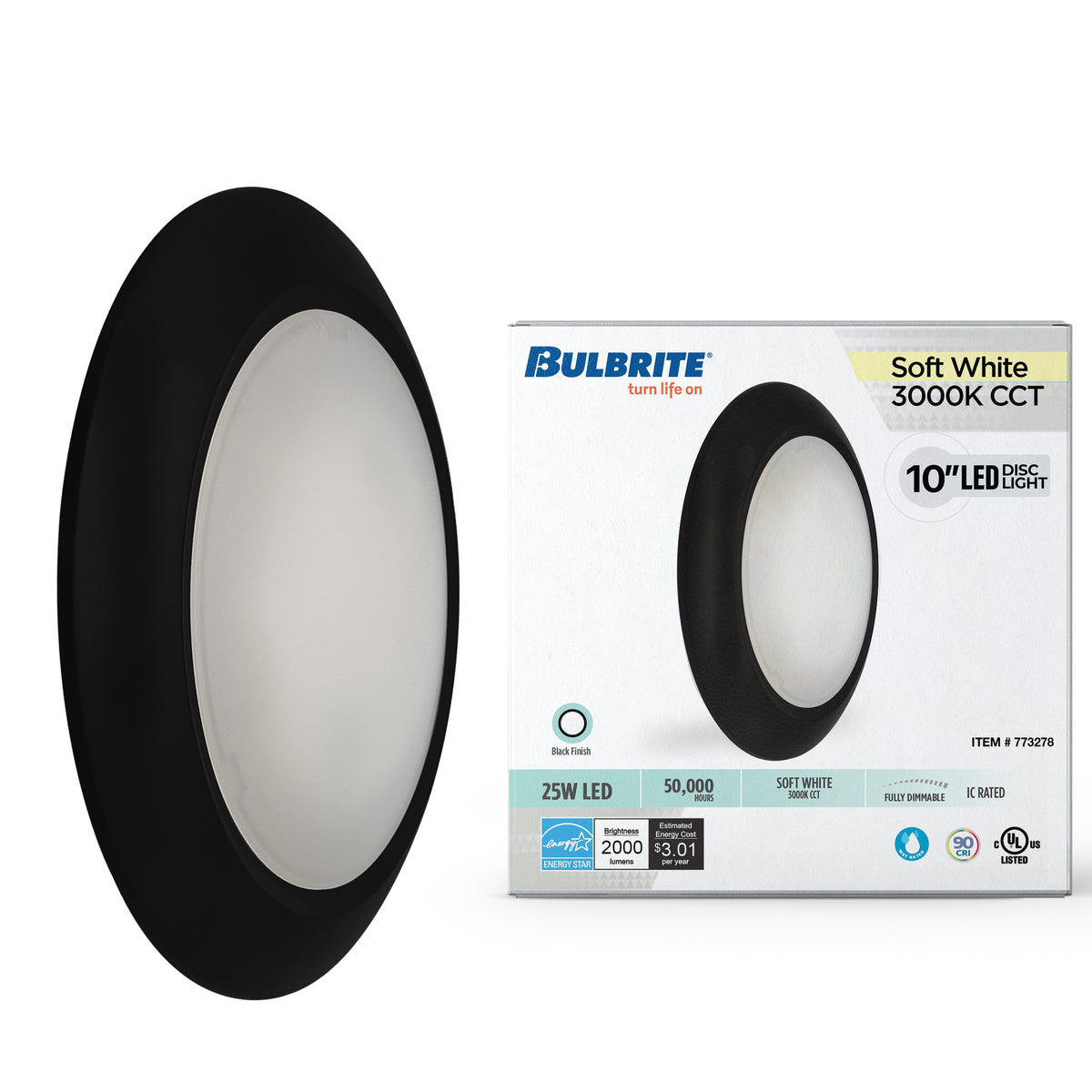 Bulbrite 25 – Watt LED 10" Disc, 3000K, 2000 Lumens, Black Finish