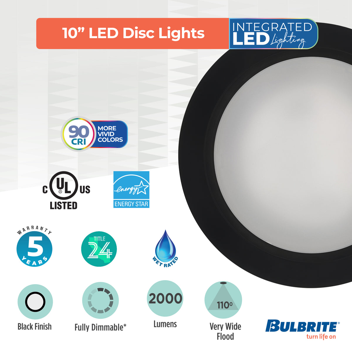 Bulbrite 25 – Watt LED 10" Disc, 3000K, 2000 Lumens, Black Finish
