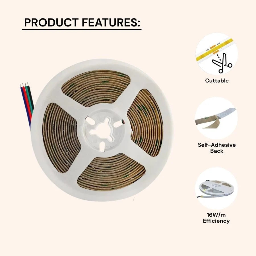 12V COB LED Strip Light RGB 16ft/5m 840 LEDs/m, 65,000 Hour Lifespan, Color Changing, Dot-Free Indoor Tape Light for Gaming Setup, Desk, Mirror, Bed Frame, Accent Walls - Flexible, Cuttable (LED Only, NoPower Supply Included) - UL Listed