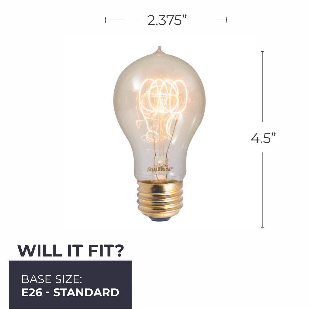 Bulbrite Nostalgic A19 Incandescent Light Bulb, 60W, 2200K, E26 Base, Amber Finish, Dimmable, 4-Pack