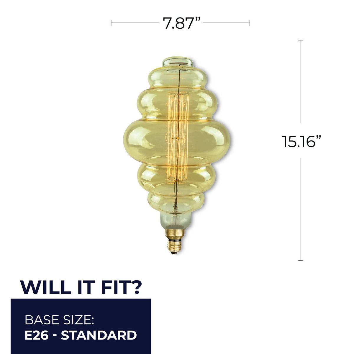 Bulbrite Grand Nostalgic Collection 60W Dimmable Beehive Shape Oversized Decorative Incandescent Light Bulb with E26 Medium Base, 2200K Amber Light, Antique Glass Finish