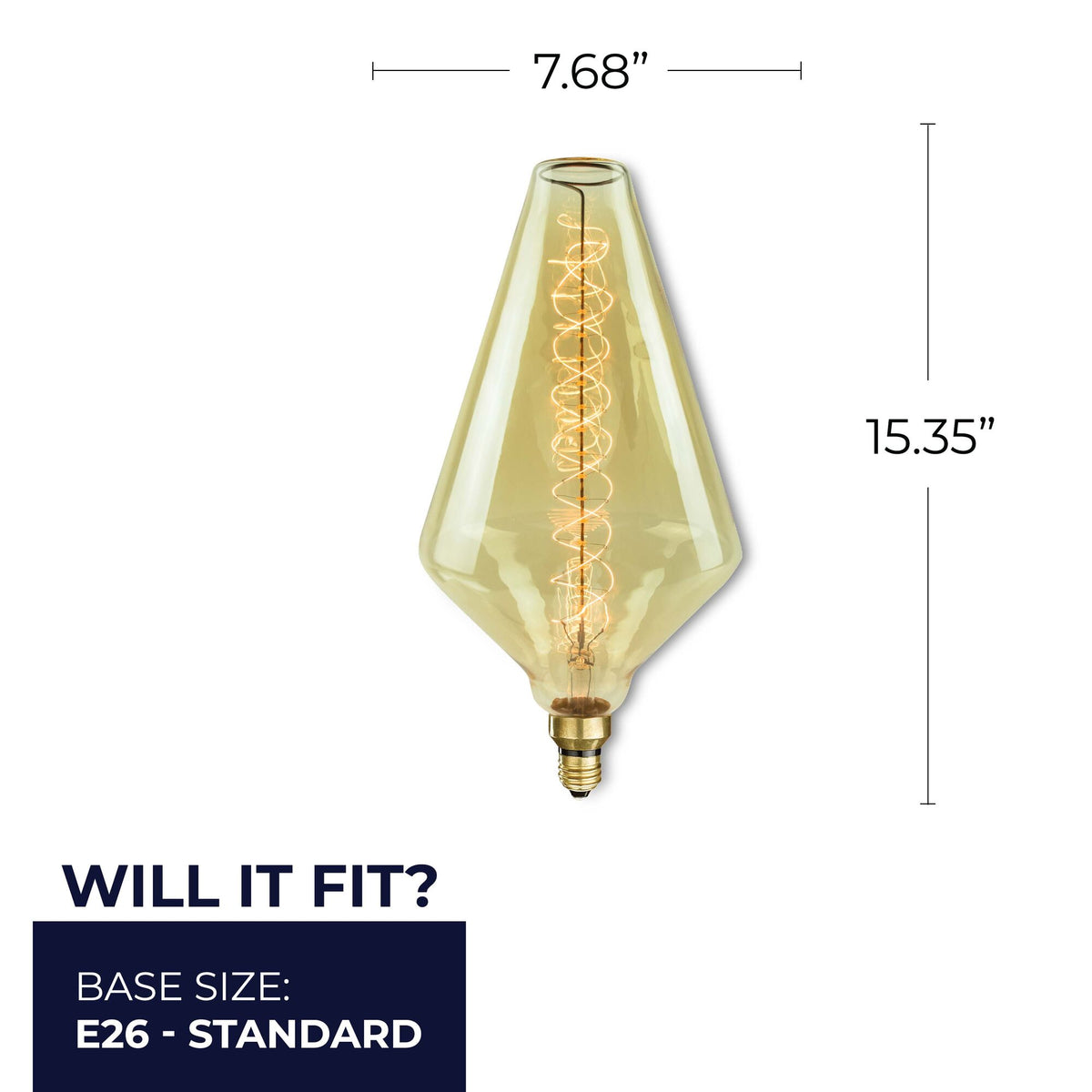 Bulbrite Grand Nostalgic Collection 60W Dimmable Diamond Shape Oversized Decorative Incandescent Light Bulb with E26 Medium Base, 2200K Amber Light, Antique Glass Finish
