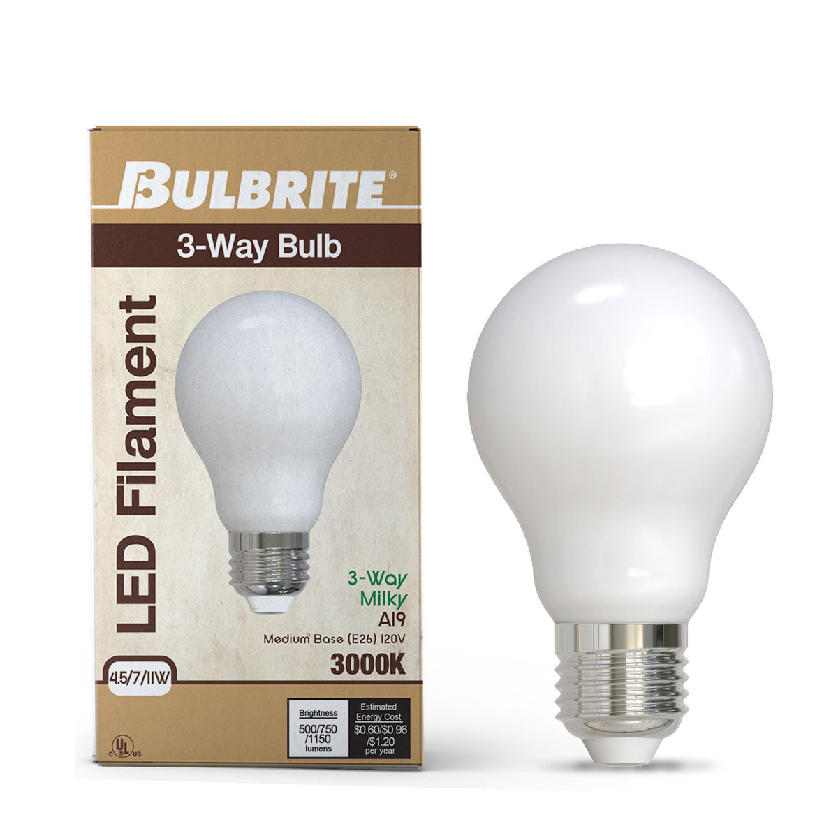 Bulbrite A19 LED Light Bulb, 11W, 75W Equivalent, 2700K, E26 Base, White Finish, 2-Pack, 4.5W/7W/11W