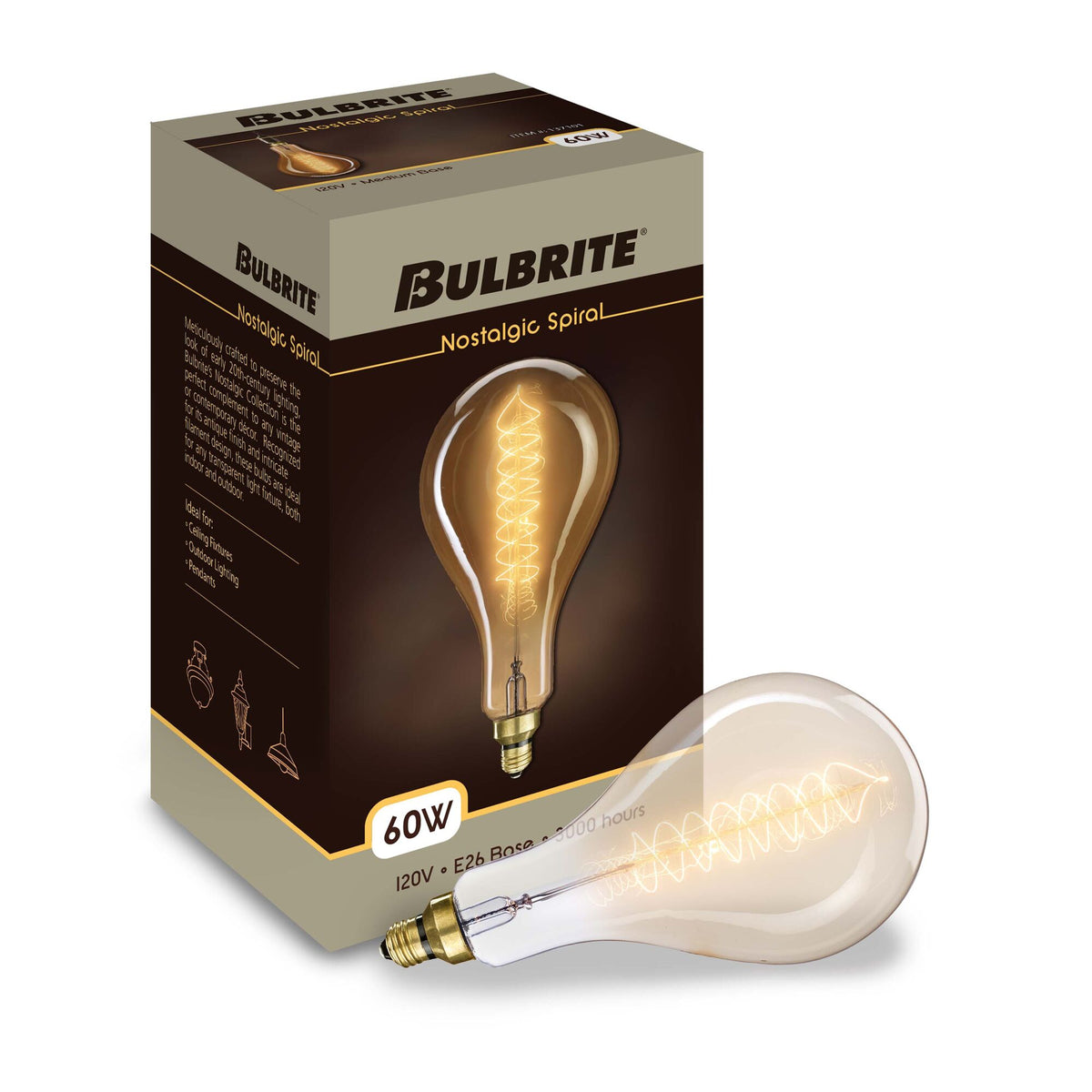 Bulbrite Nostalgic Grand PS56 Incandescent Light Bulb, 60W, 2200K, E26 Base, Amber Finish, Dimmable