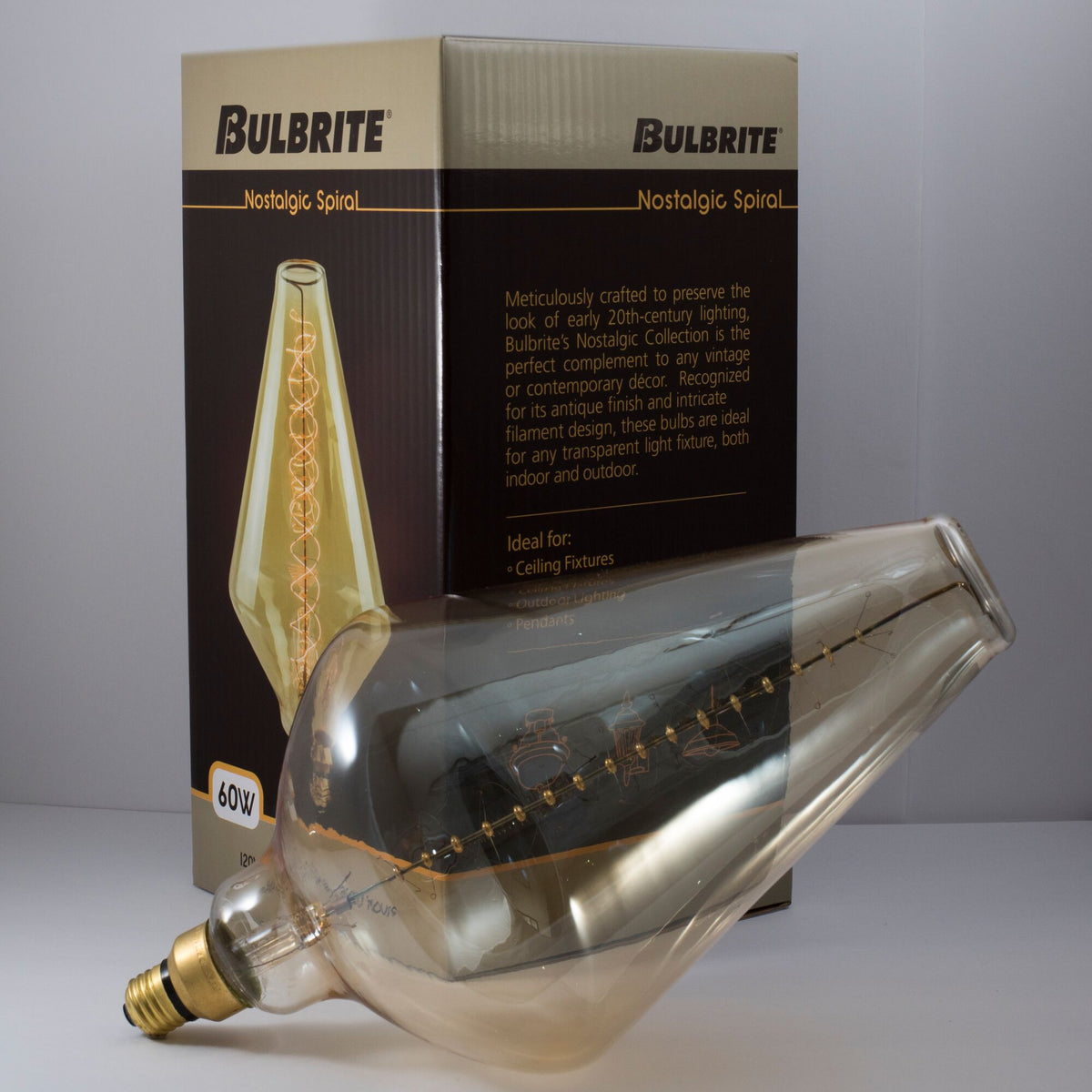 Bulbrite Grand Nostalgic Collection 60W Dimmable Diamond Shape Oversized Decorative Incandescent Light Bulb with E26 Medium Base, 2200K Amber Light, Antique Glass Finish