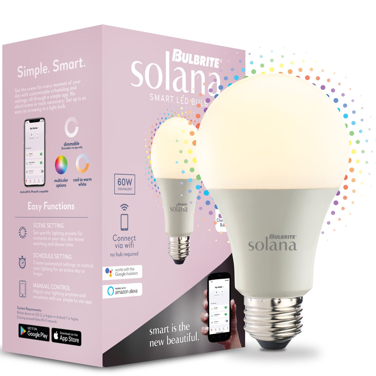 Bulbrite Solana Smart WiFi Connected Tunable White and Color Changing A19 LED Light Bulbs with E26 Medium BaseScrew Base, 60W Equivalent, 2-Pack