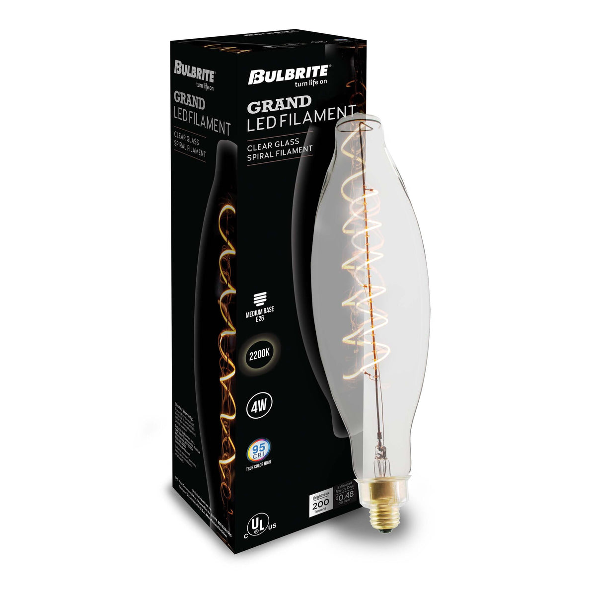 Bulbrite LED Grand Spiral Filament Olive Shaped Light Bulb, 60W Equivalent, 2200K, Clear