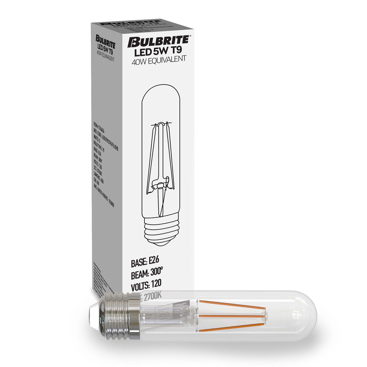 Bulbrite 5W Dimmable Clear Filament T9 E26 Medium Base LED Bulb – 500 Lumens, 2700K, and 80 CRI, 8-Pack