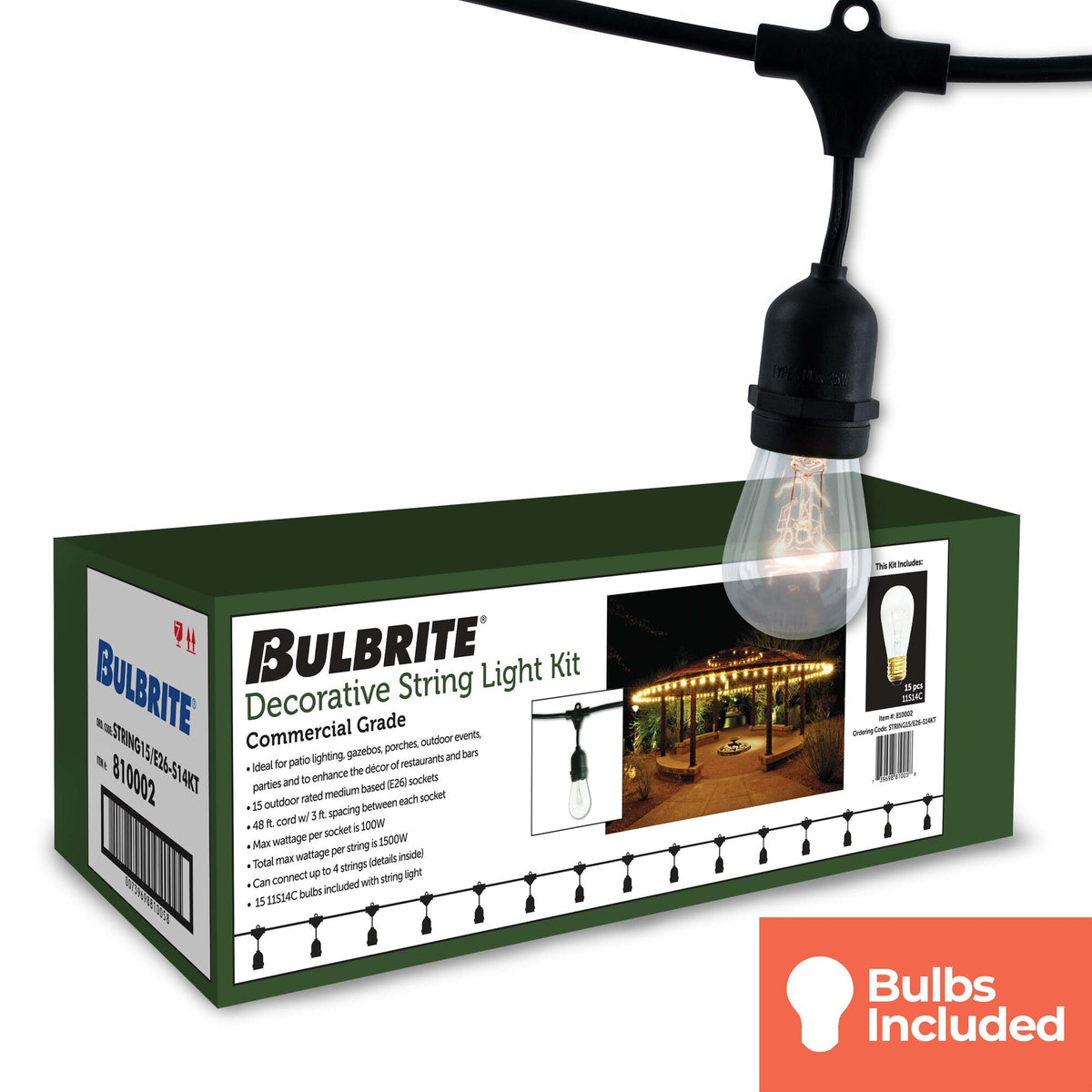 Bulbrite 48-Foot String Light Kit with Clear Vintage Style S14 Incandescent Light Bulbs, 2-Pack, Silver Finish