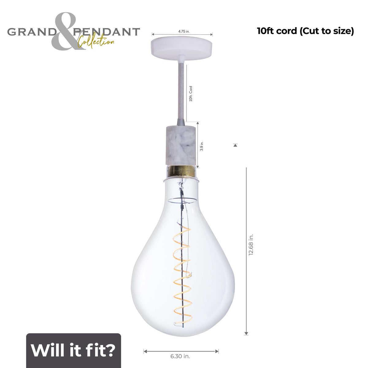 Bulbrite Grand Mini Pendant Light, 4W, 60W Equivalent, 2200K, E26 Base, White Finish, Dimmable, 12.68-Inch Length