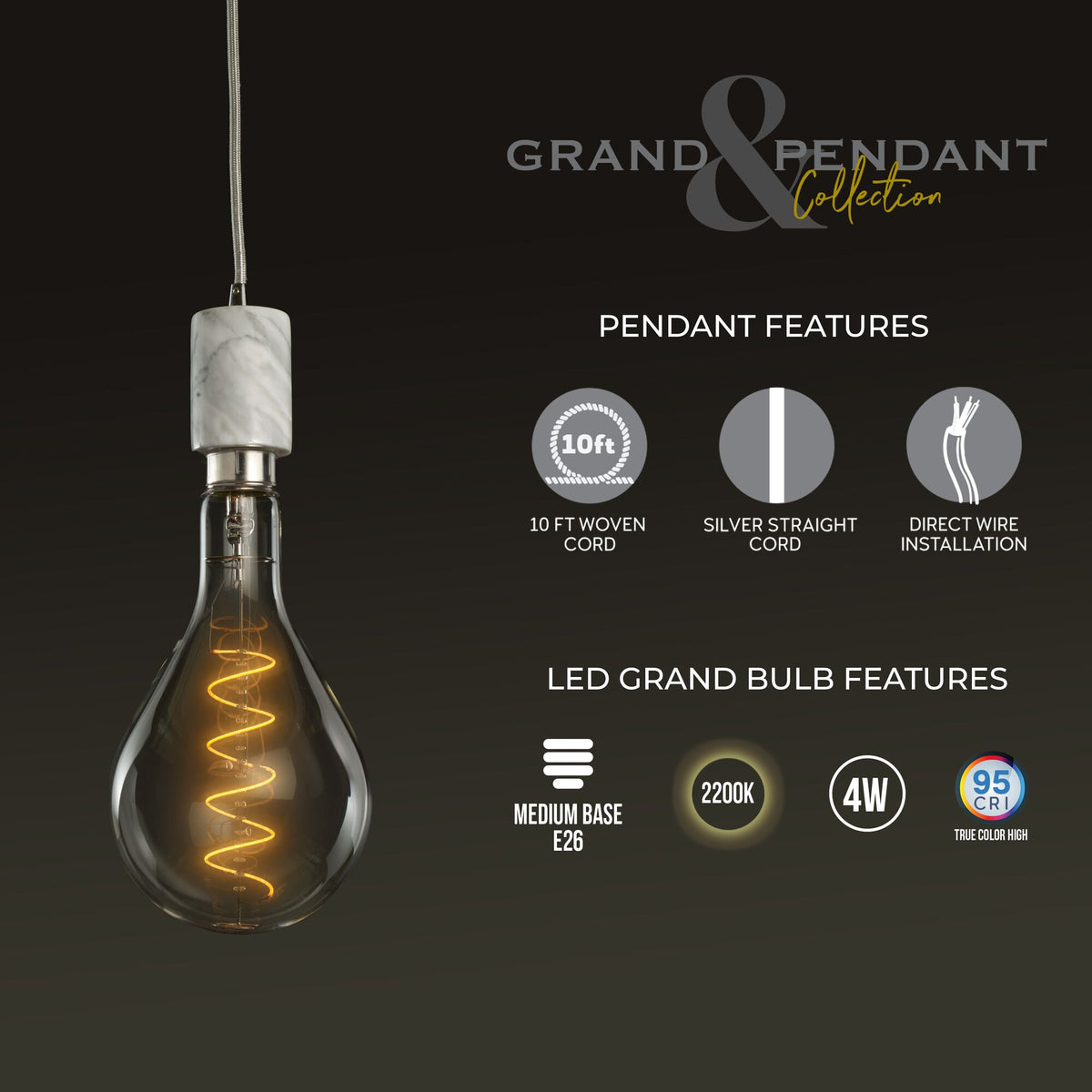 Bulbrite Grand Mini Pendant Light, 4W, 60W Equivalent, 2200K, E26 Base, White Finish, Dimmable, 12.68-Inch Length