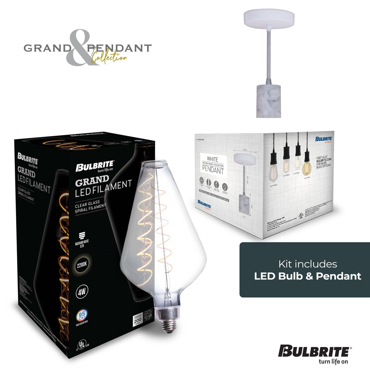 Bulbrite Grand Mini Pendant Light, 4W, 60W Equivalent, 2200K, E26 Base, White Finish, Dimmable, 15.35-Inch Length