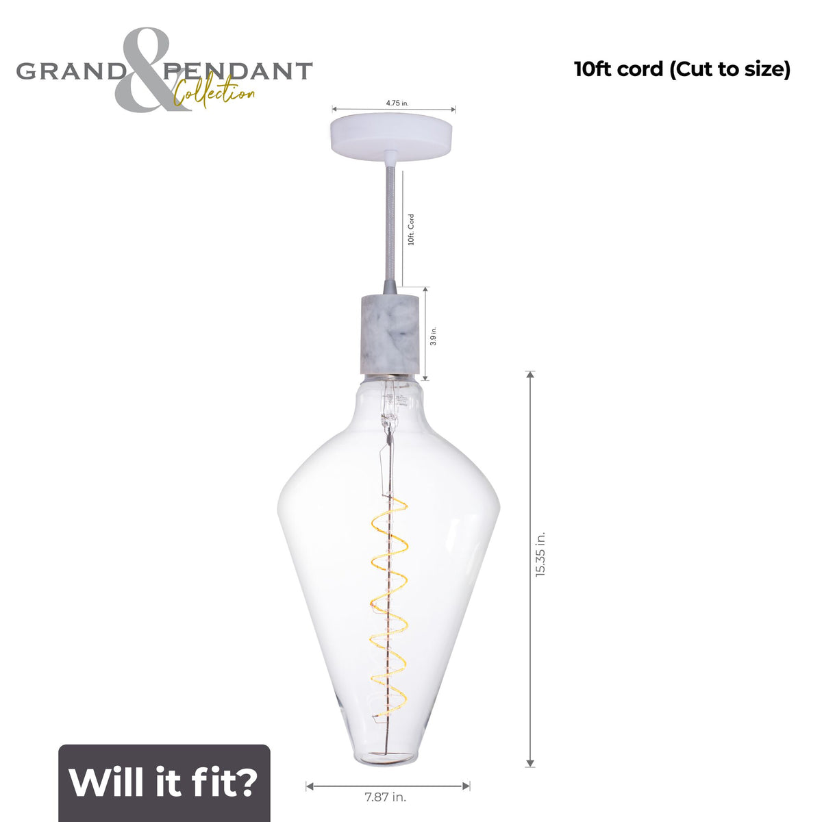 Bulbrite Grand Mini Pendant Light, 4W, 60W Equivalent, 2200K, E26 Base, White Finish, Dimmable, 15.35-Inch Length