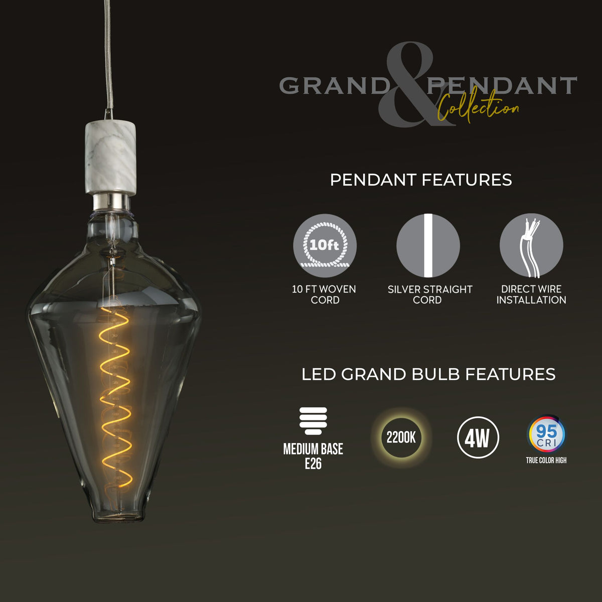 Bulbrite Grand Mini Pendant Light, 4W, 60W Equivalent, 2200K, E26 Base, White Finish, Dimmable, 15.35-Inch Length