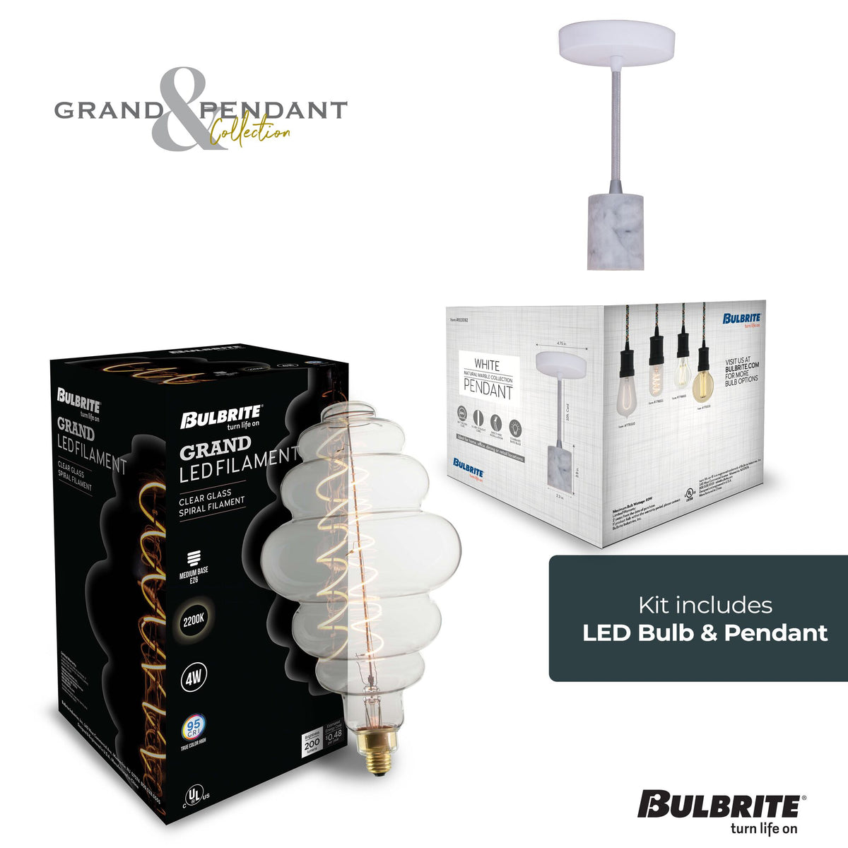 Bulbrite Grand Mini Pendant Light, 4W, 60W Equivalent, 2200K, E26 Base, White Finish, Dimmable, 190 Lumens