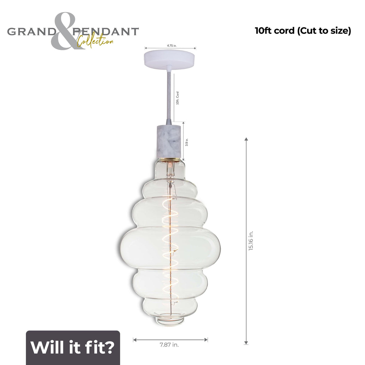 Bulbrite Grand Mini Pendant Light, 4W, 60W Equivalent, 2200K, E26 Base, White Finish, Dimmable, 190 Lumens
