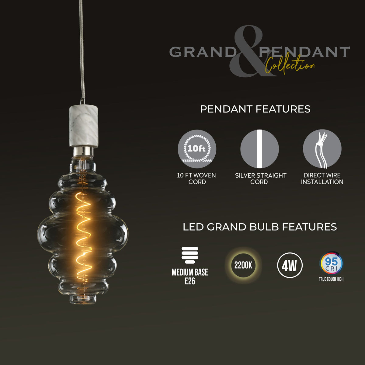 Bulbrite Grand Mini Pendant Light, 4W, 60W Equivalent, 2200K, E26 Base, White Finish, Dimmable, 190 Lumens