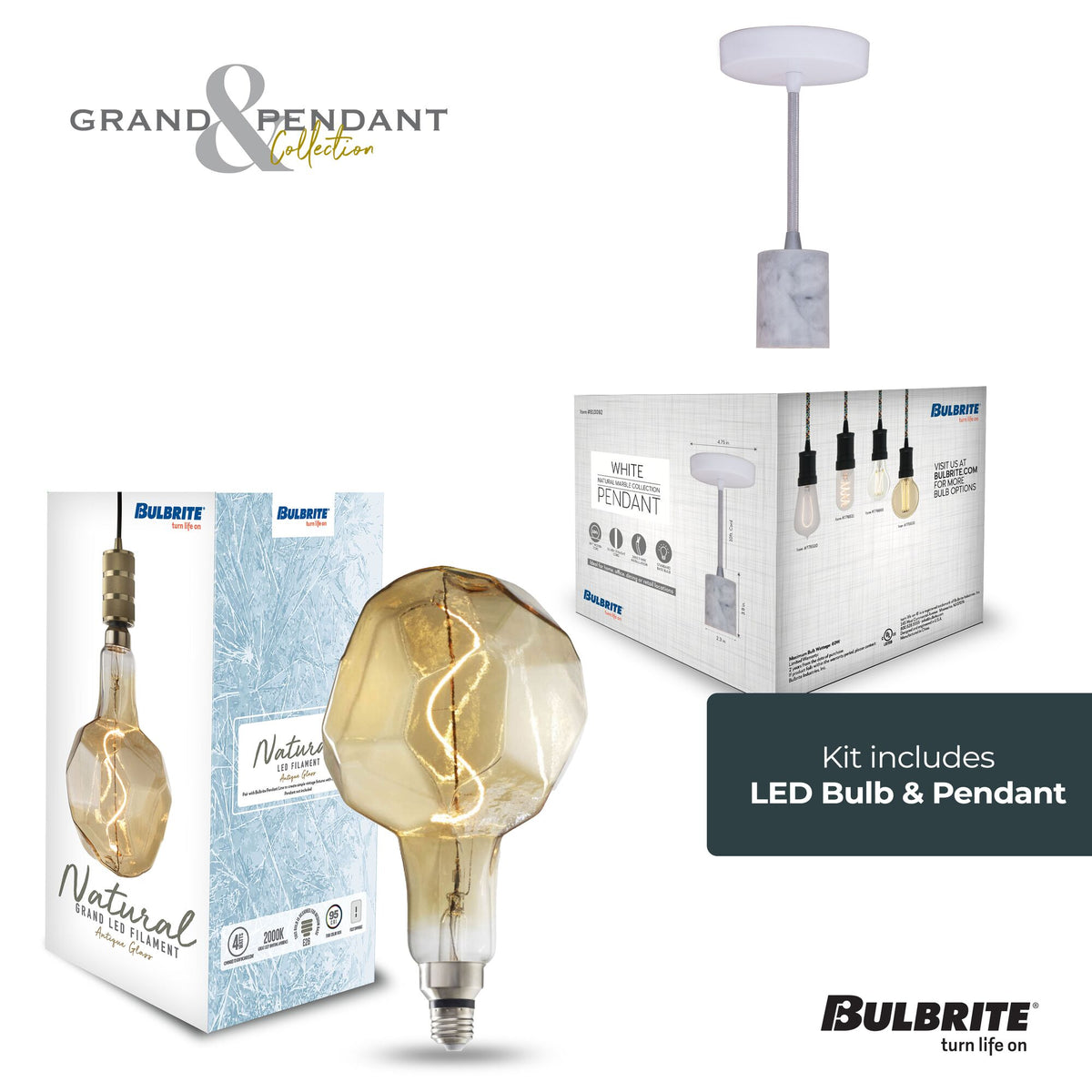 Bulbrite Grand Mini Pendant Light, 4W, 60W Equivalent, 2200K, E26 Base, White Finish, Dimmable, 200 Lumens