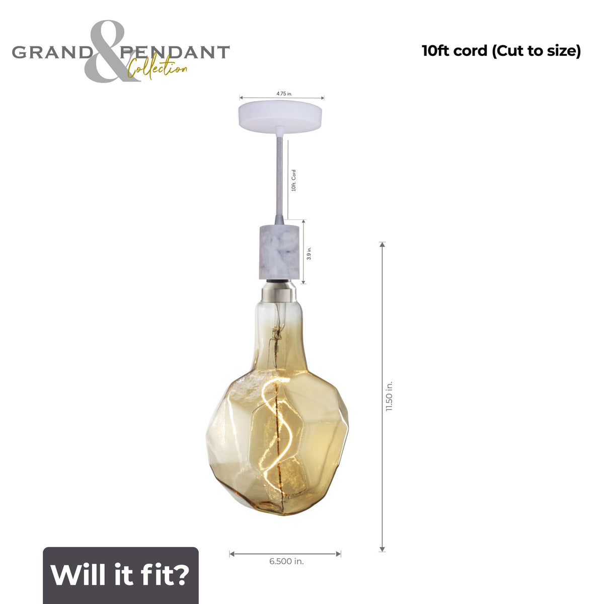 Bulbrite Grand Mini Pendant Light, 4W, 60W Equivalent, 2200K, E26 Base, White Finish, Dimmable, 200 Lumens