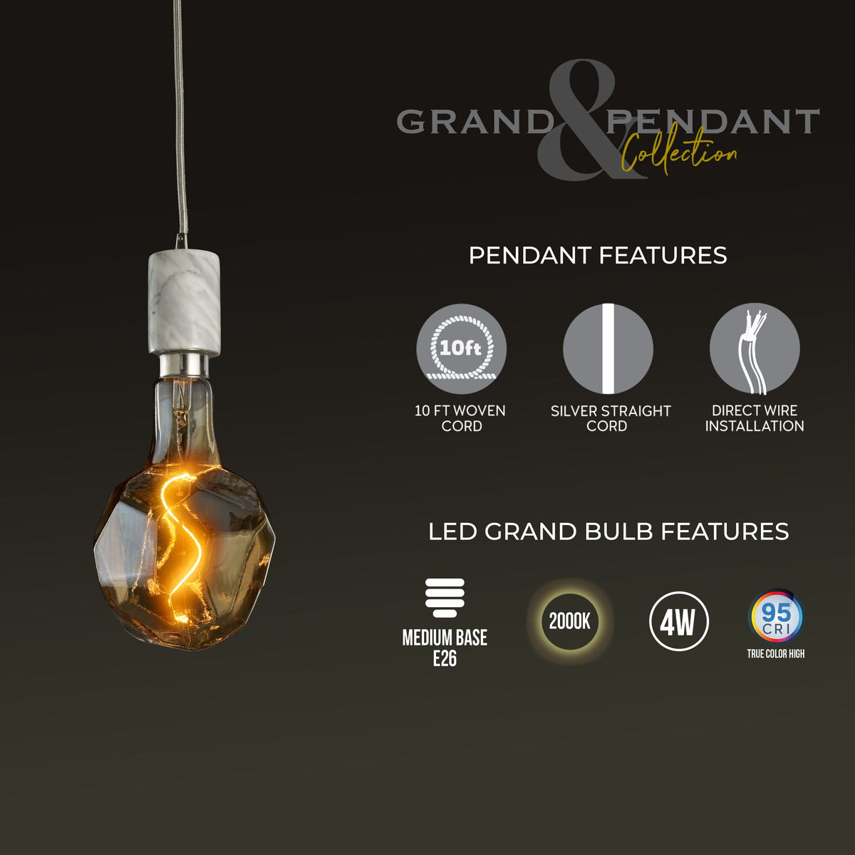 Bulbrite Grand Mini Pendant Light, 4W, 60W Equivalent, 2200K, E26 Base, White Finish, Dimmable, 200 Lumens