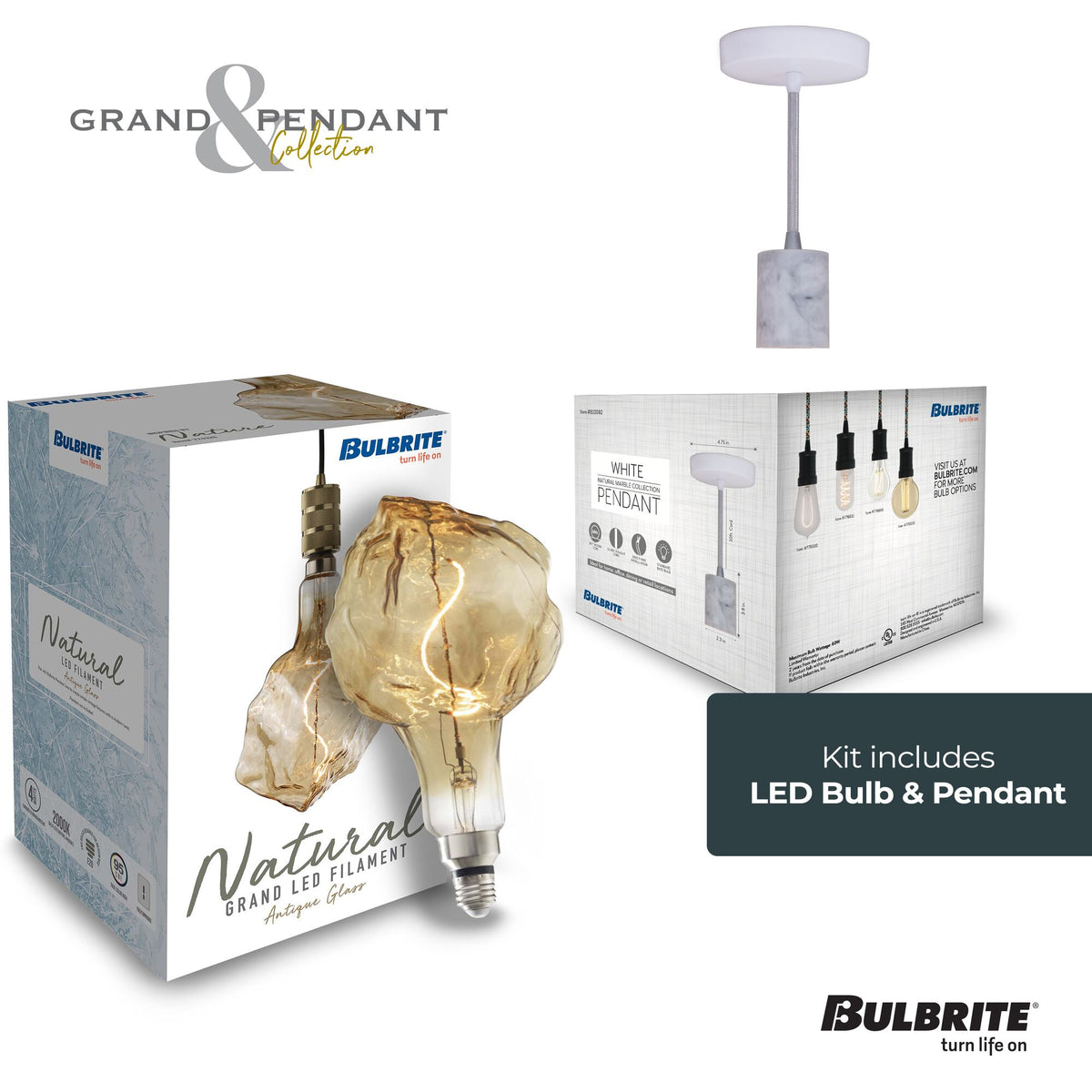 Bulbrite Grand Mini Pendant Light, 4W, 60W Equivalent, 2200K, E26 Base, White Finish, Dimmable, WHITE MARBLE Finish