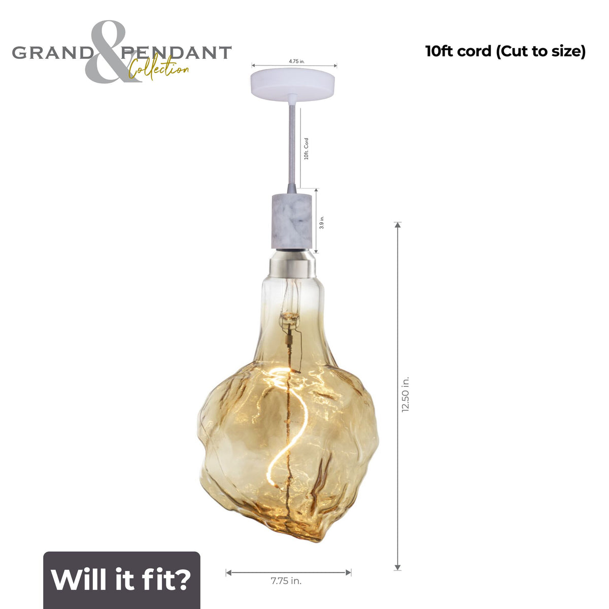 Bulbrite Grand Mini Pendant Light, 4W, 60W Equivalent, 2200K, E26 Base, White Finish, Dimmable, WHITE MARBLE Finish