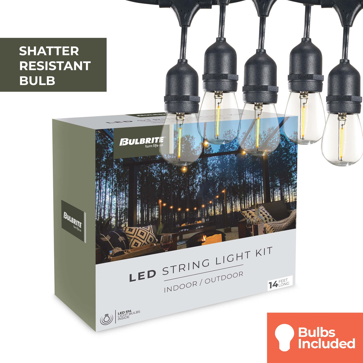 Bulbrite 14-Foot String Light Kit with Clear Shatter Resistant Vintage Style S14 LED Light Bulbs, 2-Pack