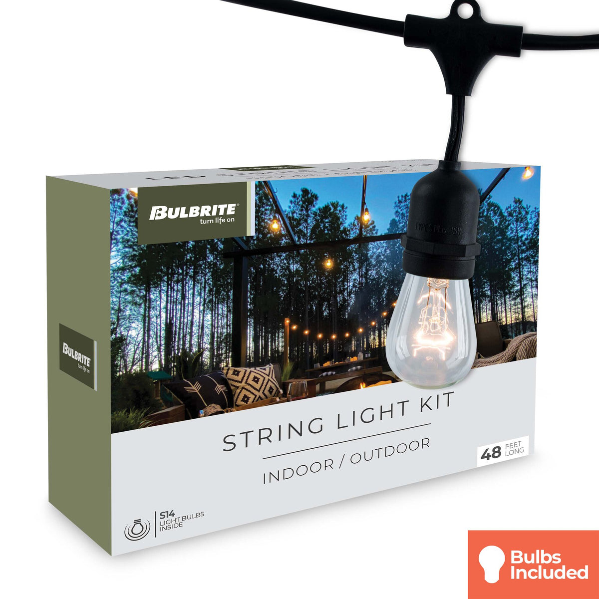 Bulbrite 48-Foot String Light Kit with Clear Vintage Style S14 Incandescent Light Bulbs, 2-Pack, Black Finish