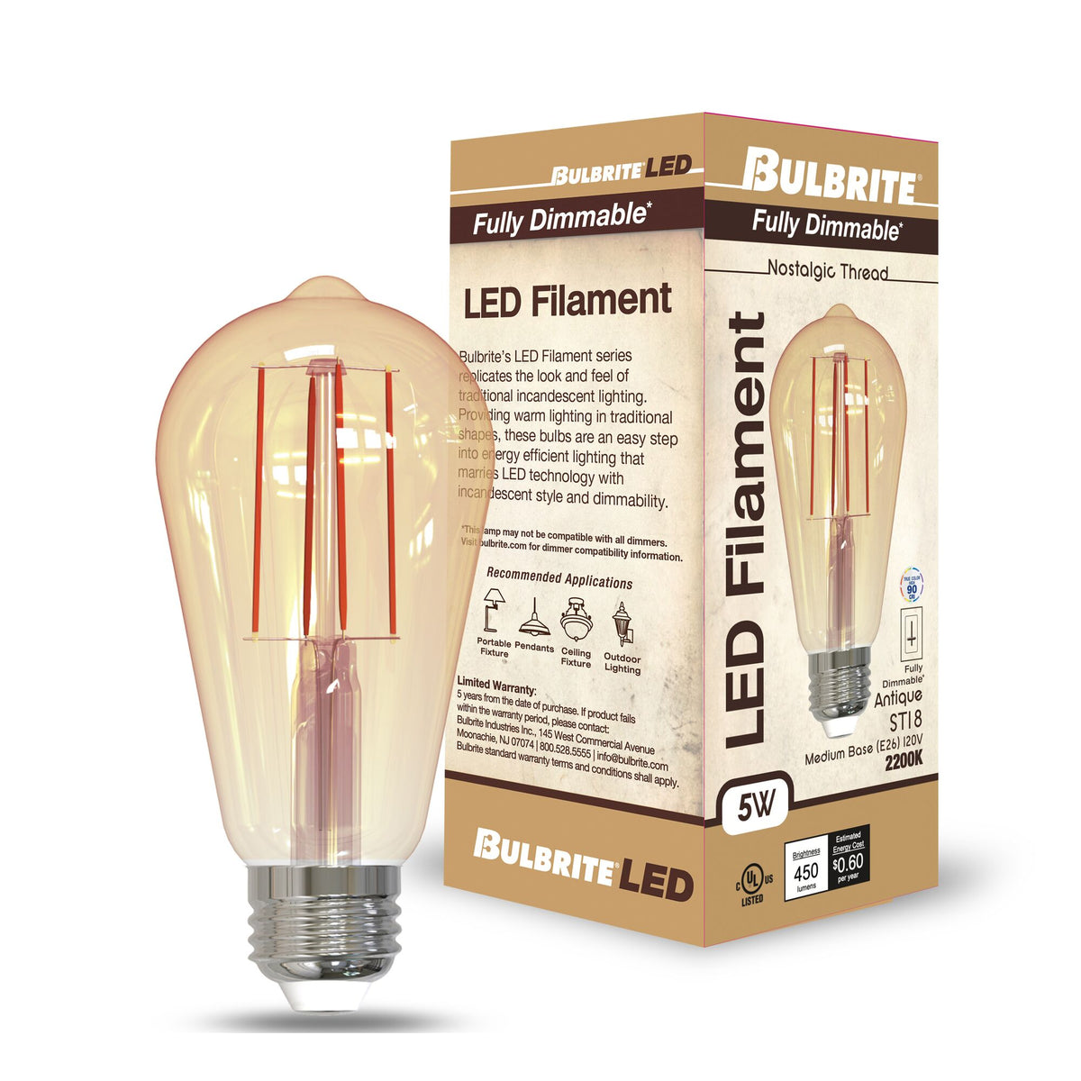 Bulbrite 5W Dimmable Antique Filament ST18 E26 Medium Base LED Bulb – 2200K and 80 CRI, 2-Pack