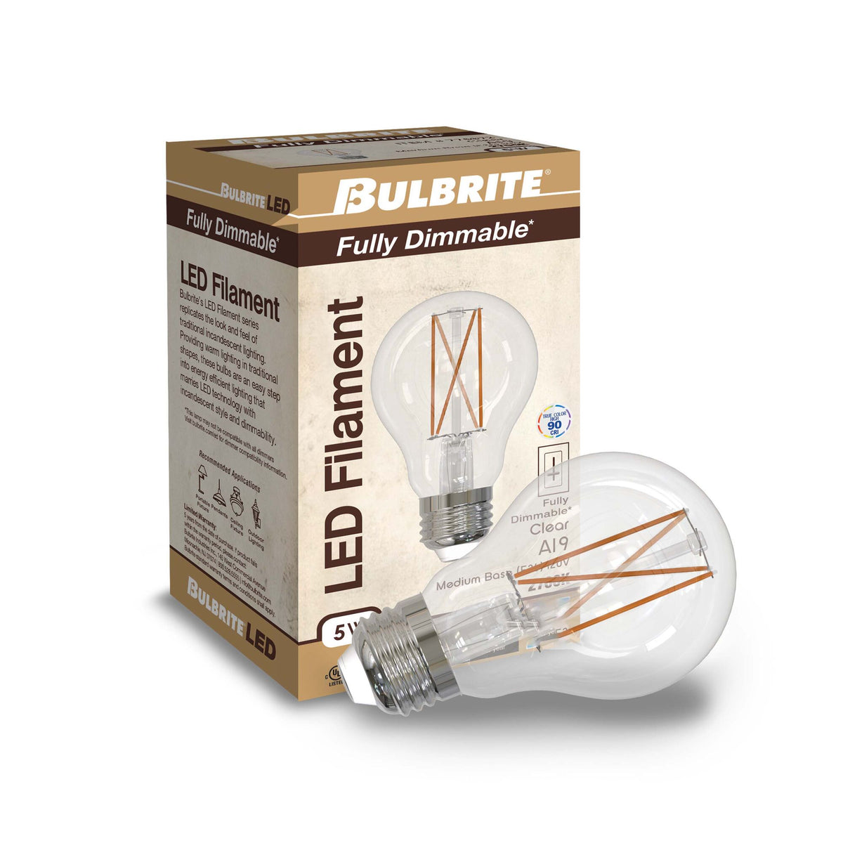 Bulbrite 5W Dimmable Clear Filament A19 E26 Medium Base LED Bulb – 450 Lumens, 2700K, and 90 CRI, 2-Pack
