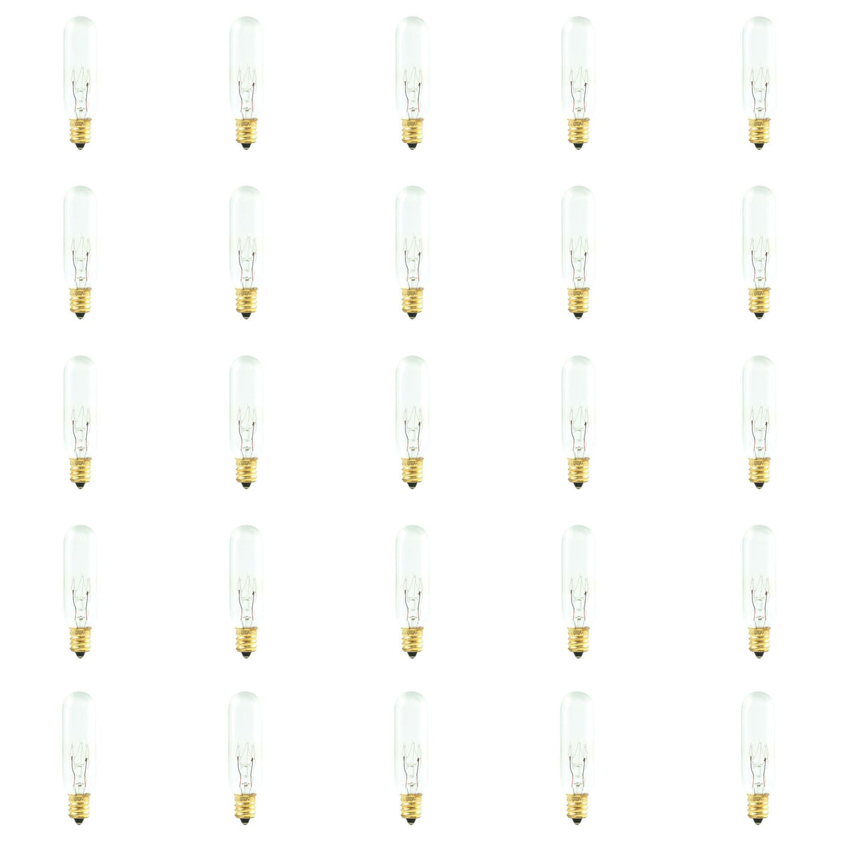 Bulbrite Incandescent Pack of (25) Dimmable 15 Watt Tubular T6 Light Bulbs with Clear Glass Finish and Candelabra (E12) Screw Base, 2700K (Warm White Light)