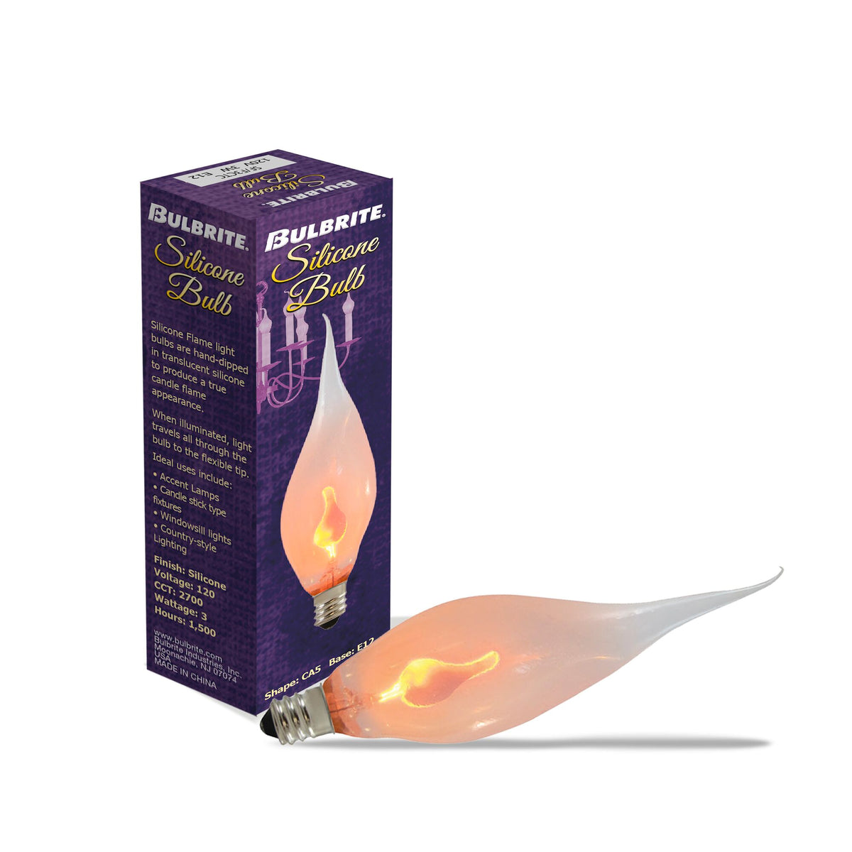 Bulbrite Incandescent CA5 Candelabra Screw Base (E12) Light Bulb, 3W, Silicone Flame Shaped, 12-Pack