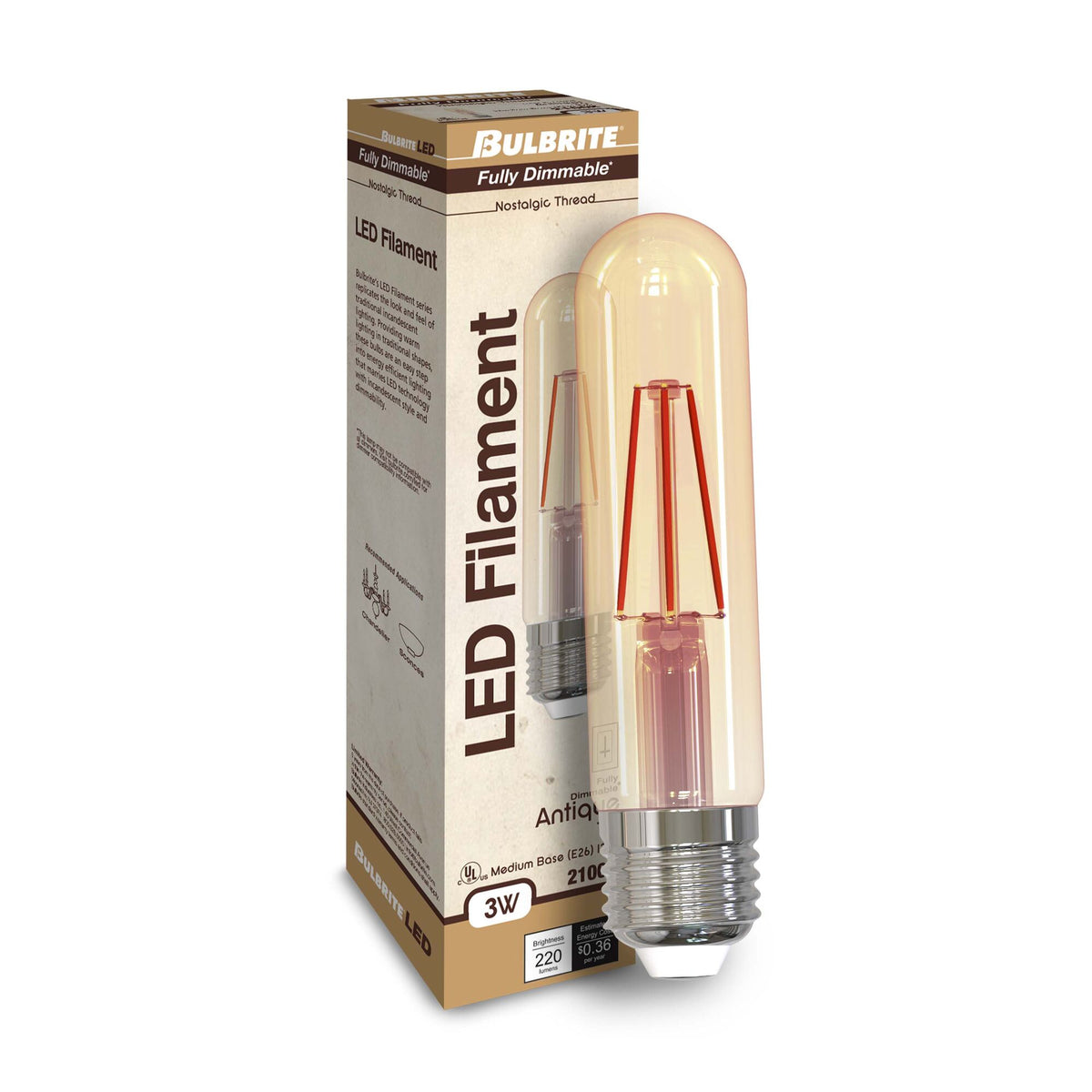 Bulbrite LED Filament T9 Nostalgic Thread Edison Light Bulb, 25W Equivalent, Antique Finish, 2-Pack