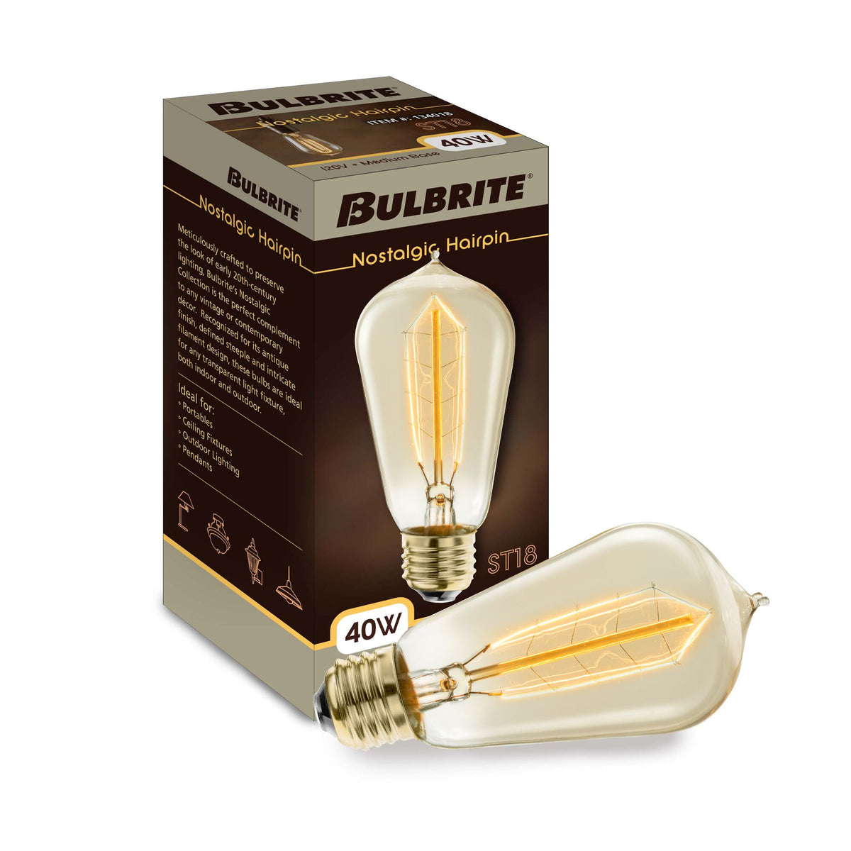Bulbrite 40W Dimmable Antique ST18 Nostalgic Hairpin Incandescent Light Bulbs with E26 Medium Base, 2200K Amber Light, 4-Pack