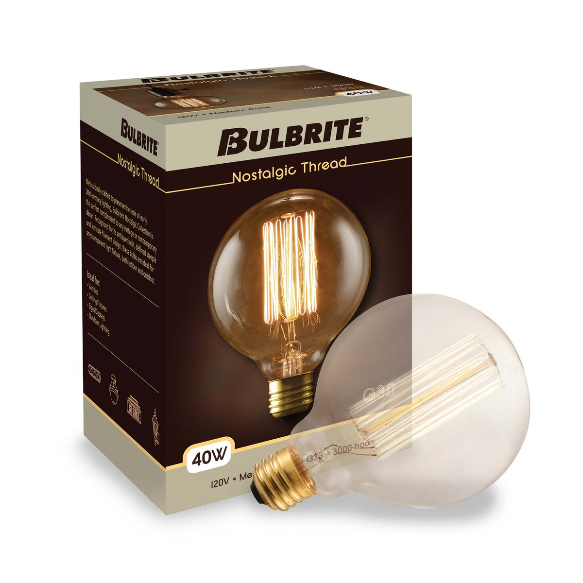 Bulbrite Nostalgic Collection Dimmable 40W G30 Incandescent Light Bulbs with Antique Glass Finish and E26 Medium BaseScrew Base, 2200K Amber Light, 4-Pack