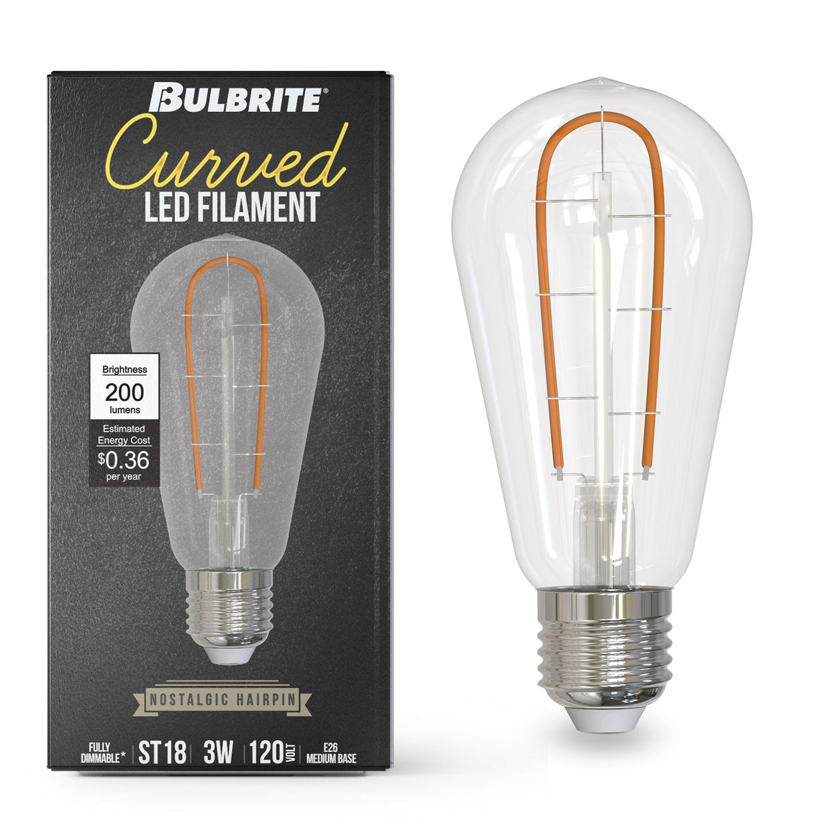 Bulbrite Curved LED Filament 4W Dimmable Nostalgic Hairpin Filament ST18 Light Bulbs with Standard (E26) Base, 2-Pack