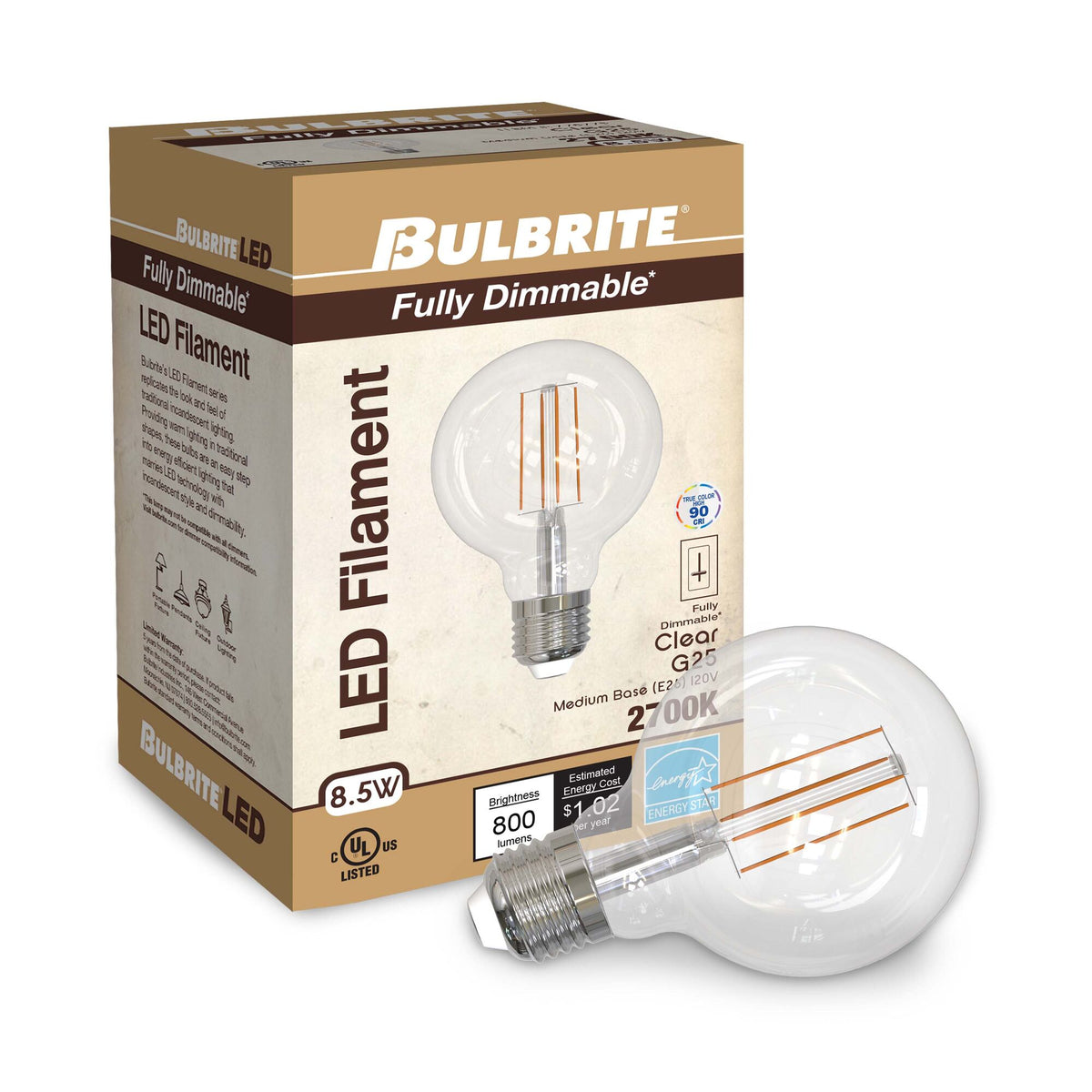 Bulbrite 8.5W Dimmable Clear Filament G25 E26 Medium Base LED Bulb – 800 Lumens, 2700K, and 90 CRI, 4-Pack