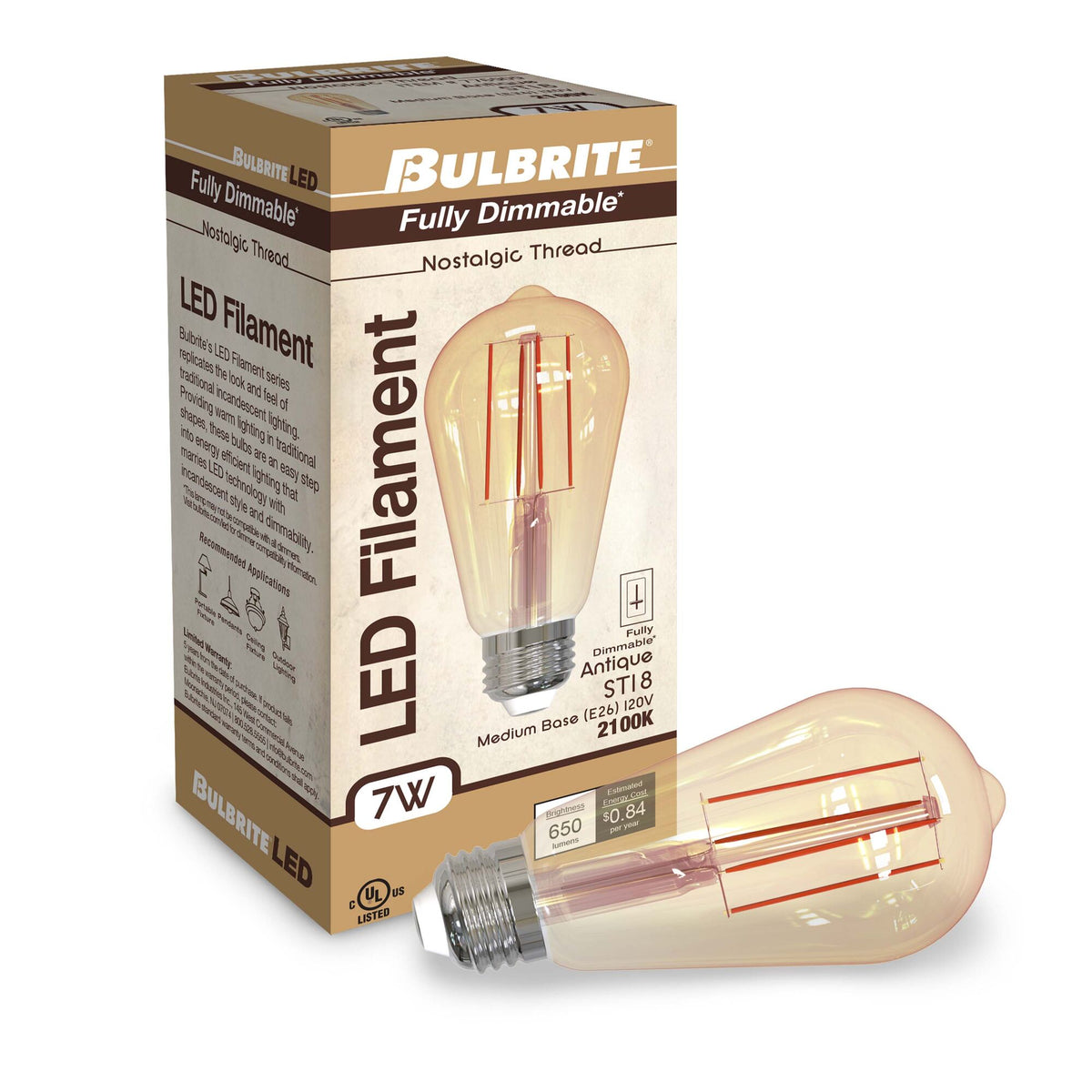 Bulbrite 7W Dimmable Antique Filament ST18 E26 Medium Base LED Bulb – 650 Lumens, 2100K, and 80 CRI, 2-Pack