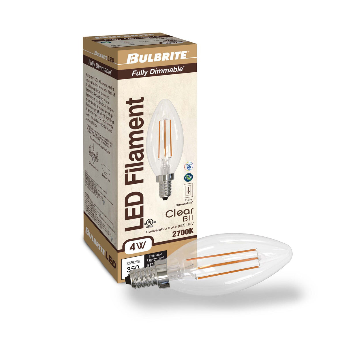 Bulbrite 4W Dimmable Clear Filament B11 E12 Candelabra Base LED Light Bulb – 350 Lumens, 2700K, 4-Pack
