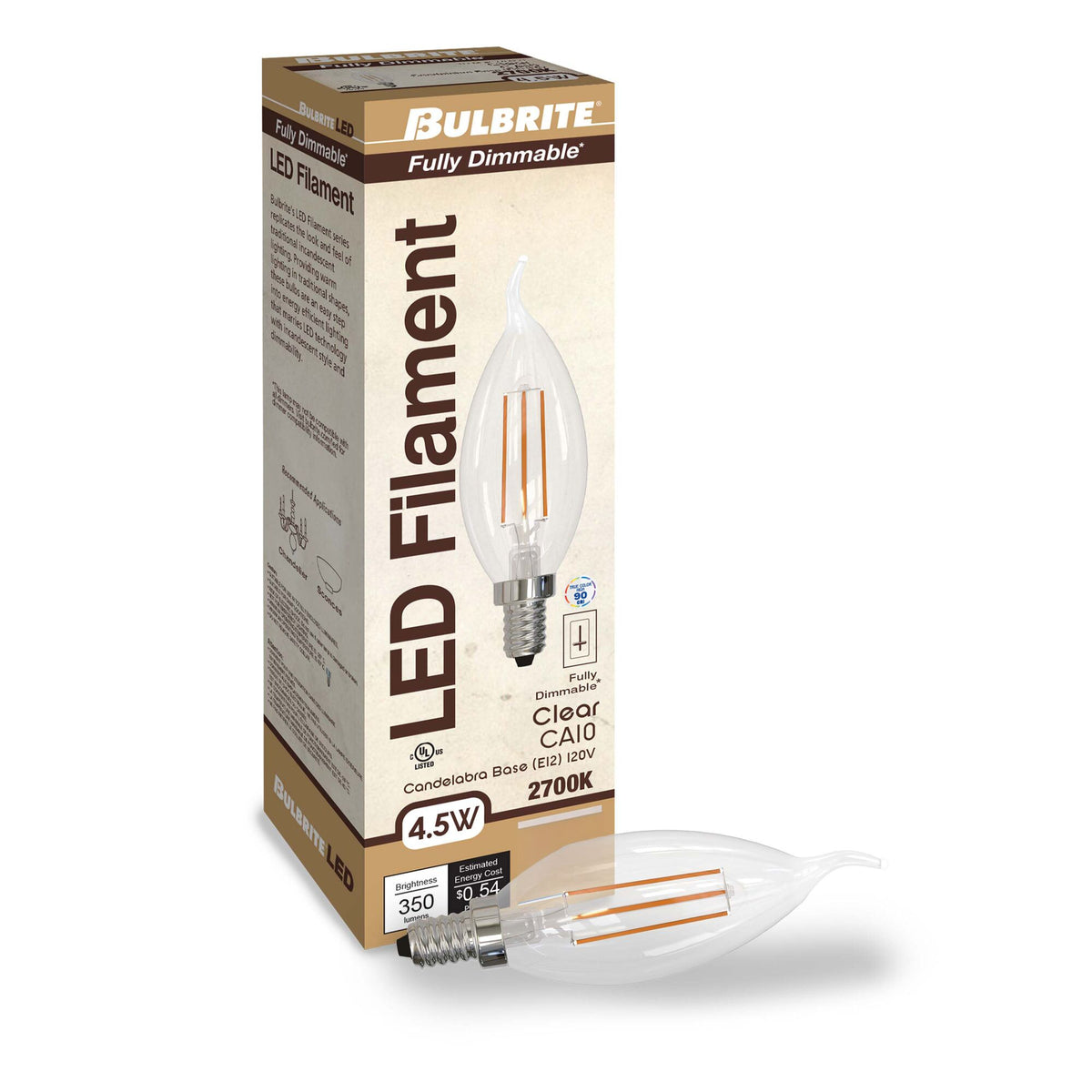 Bulbrite 4.5W Dimmable Clear Filament CA10 E12 Candelabra Base LED Bulb – 350 Lumens, 2700K, and 90 CRI, 4-Pack