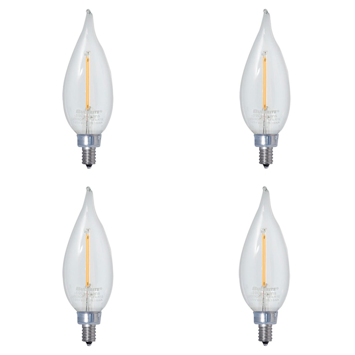 Bulbrite Pack of (4) 4.5 Watt Dimmable Clear Filament CA10 Candelabra (E12) LED Bulb - 350 Lumens, 3000K, and 90 CRI