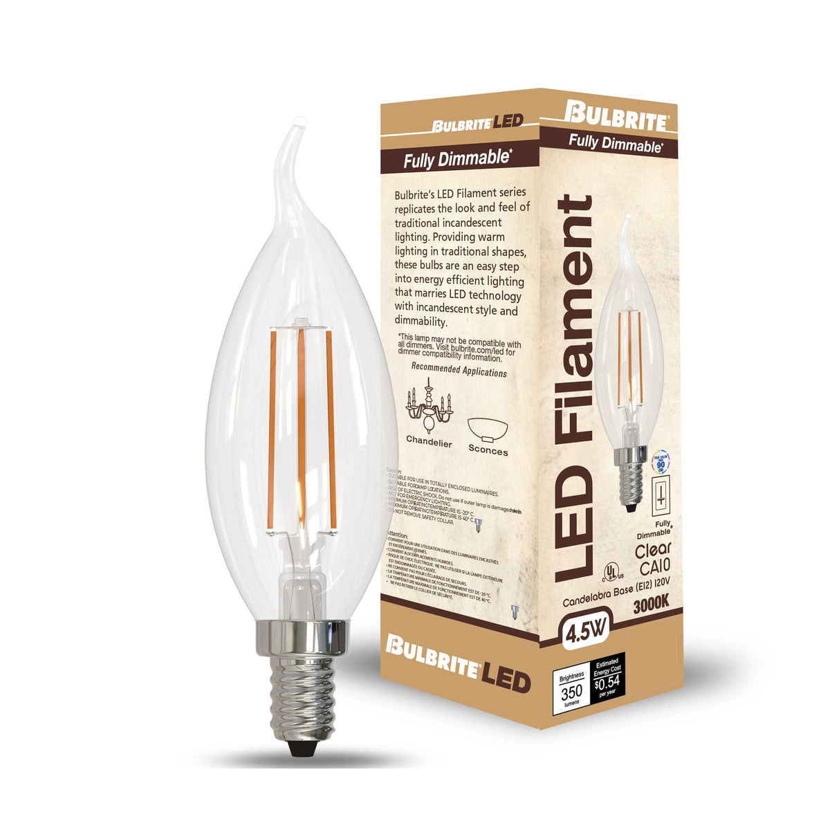 Bulbrite 4.5W Dimmable Clear Filament CA10 E12 Candelabra Base LED Bulb – 350 Lumens, 3000K, and 90 CRI, 4-Pack