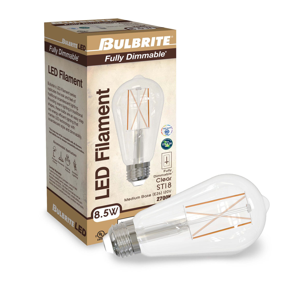 Bulbrite 8.5W Dimmable Clear ST18 LED Light Bulbs with E26 Medium Base, 2700K Warm White Light, 850 Lumens, 2-Pack