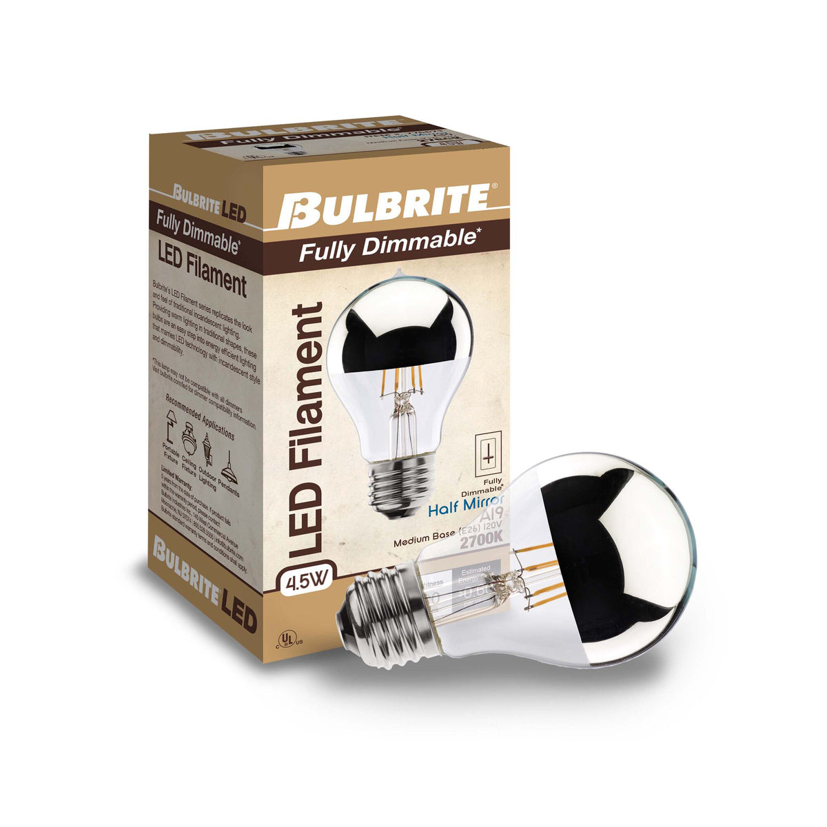 Bulbrite LED Filament Dimmable 4.5W Half Chrome A19 Light Bulbs with E26 Medium BaseScrew Base, 2700K Warm White Light, 2-Pack