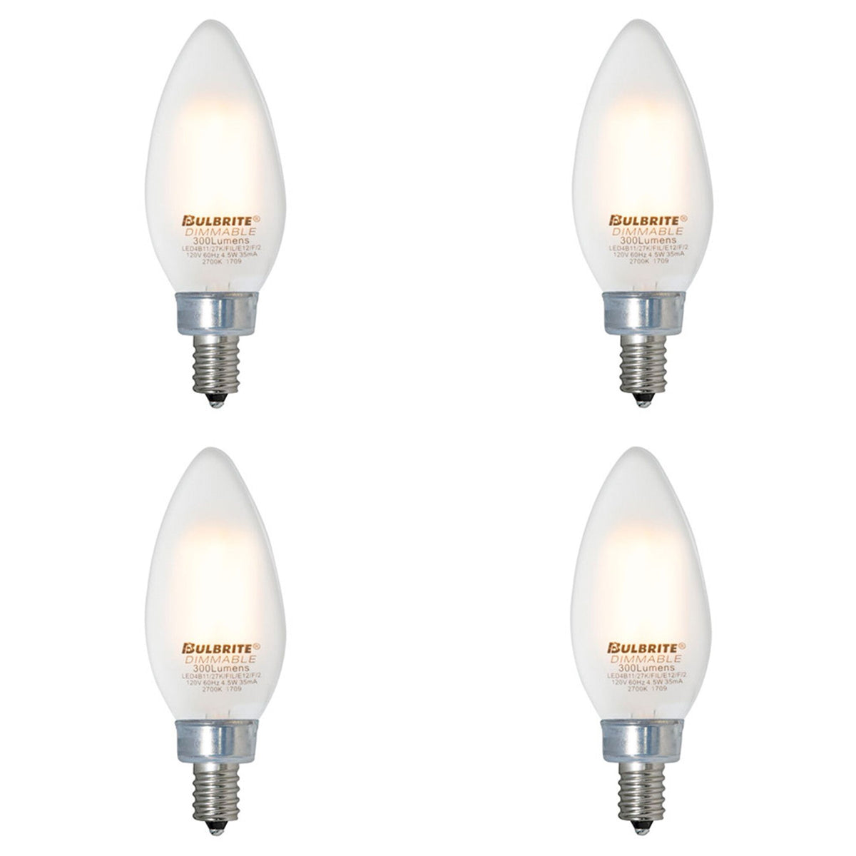 Bulbrite Pack of (4) 3.6 Watt Dimmable Milky Finish B11 Candelabra (E12) LED Light Bulb - 300 Lumens, 2700K