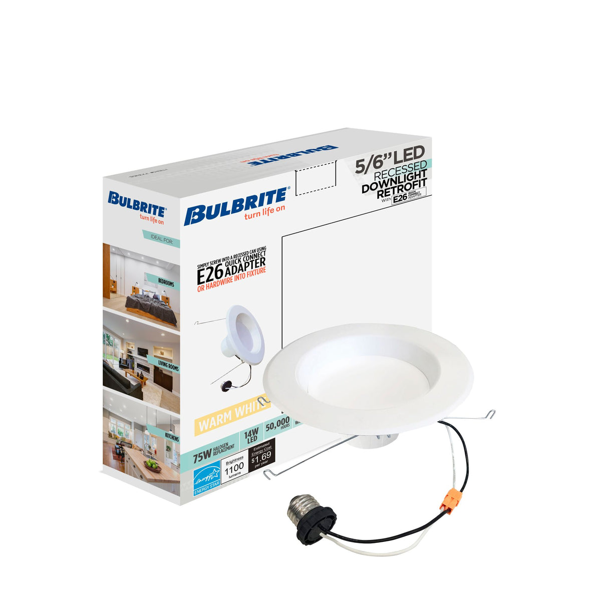 Bulbrite 14W Adjustable 5/6" Integrated LED Recessed Downlight with E26 Quick Connect Adapter, 3000K Soft White Light, 1100 Lumens, 4-Pack