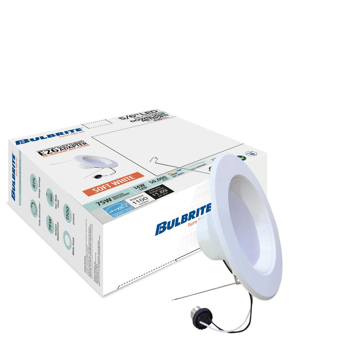 Bulbrite 14W Adjustable 5/6" Integrated LED Recessed Downlight with E26 Quick Connect Adapter, 2700K Warm White Light, 1100 Lumens, 4-Pack