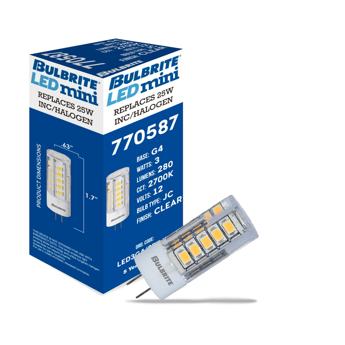 Bulbrite JC Miniature LED Light Bulb, 3W, 30W Equivalent, 2700K, G4 Base, Clear Finish, 3-Pack